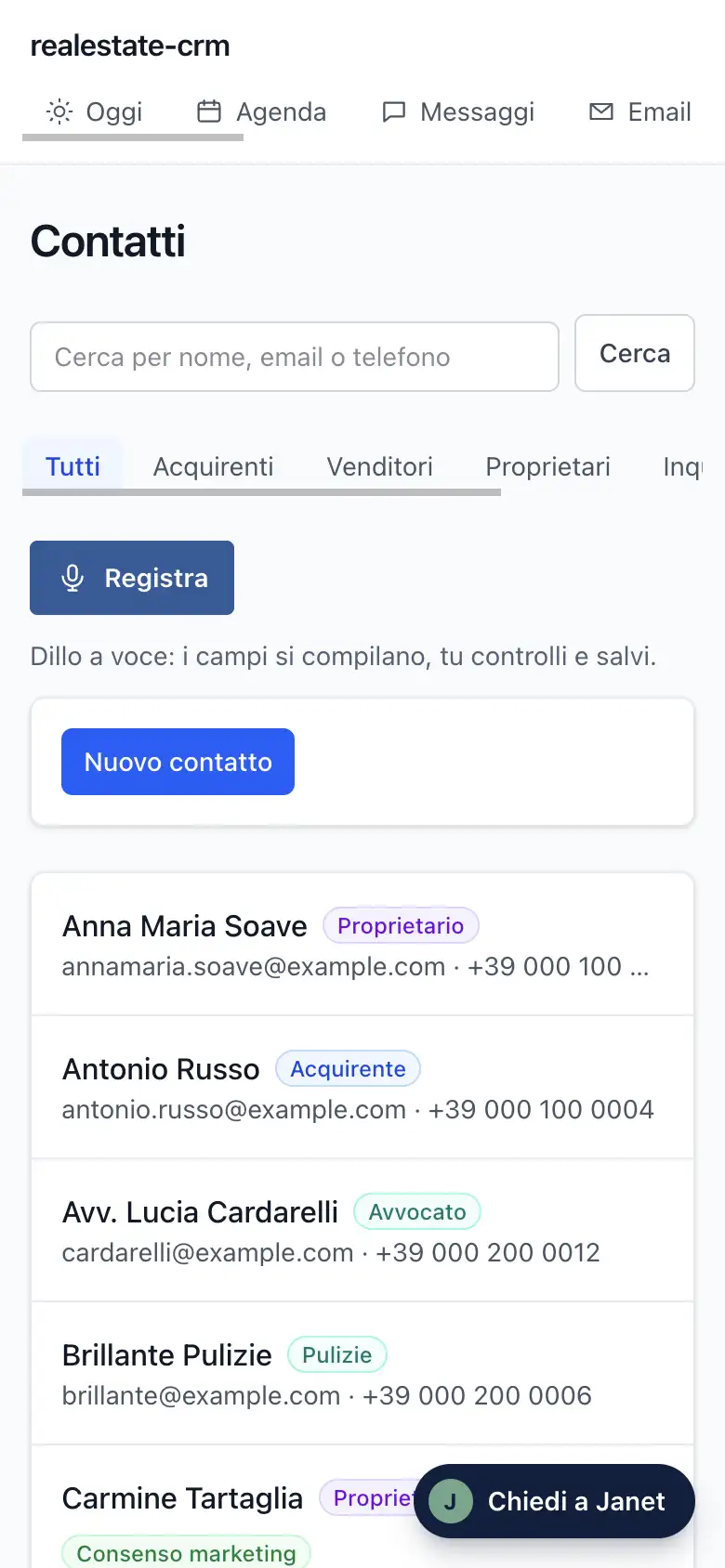La schermata Contatti