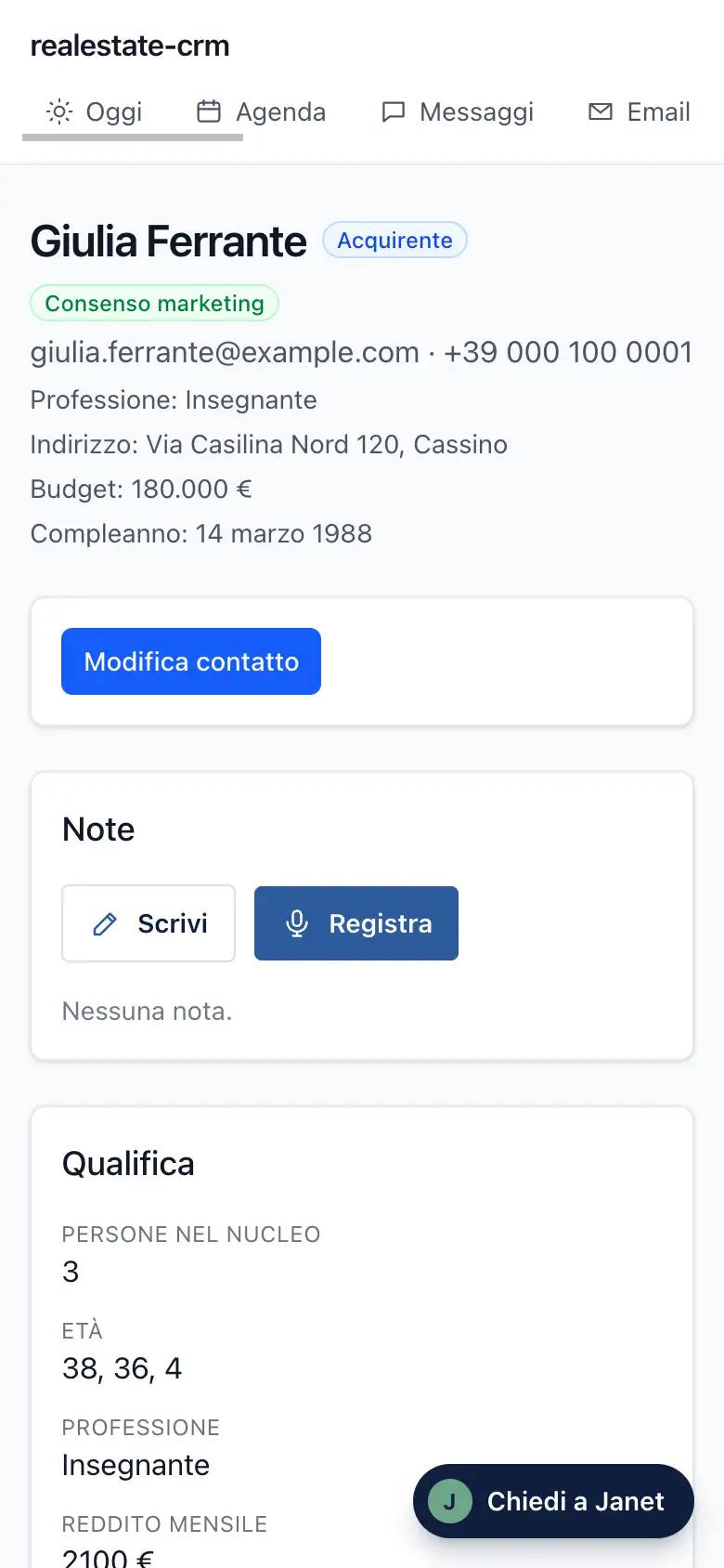 La schermata Scheda contatto