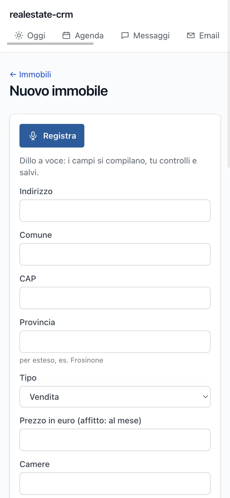 La schermata Nuovo immobile